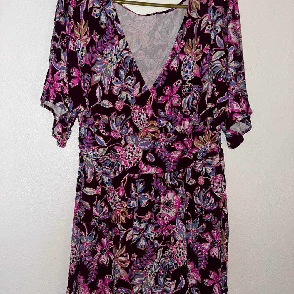 Lilly Pulitzer Plum Floral Wrap Jumpsuit with Pink & Blue Accents
